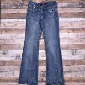 Vigold Womens 13 Bootcut Jeans Medium Wash Distressed Triple Button Splatter